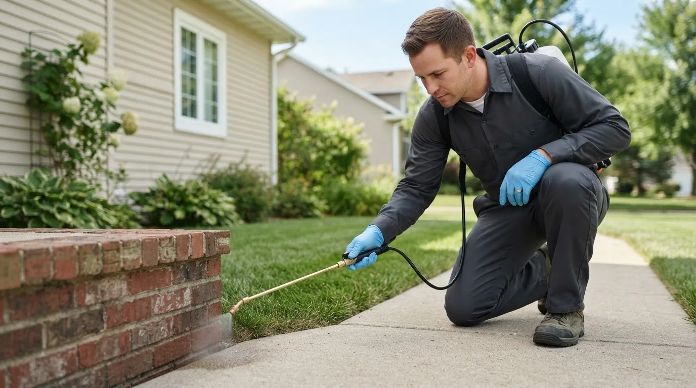Pest control technician treating a home near Bono, AR