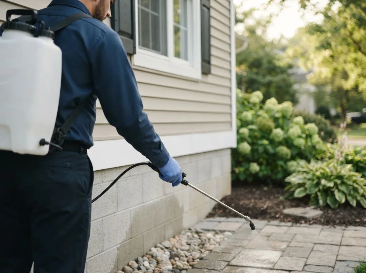 Pest control technician inspecting a home in Bono, AR